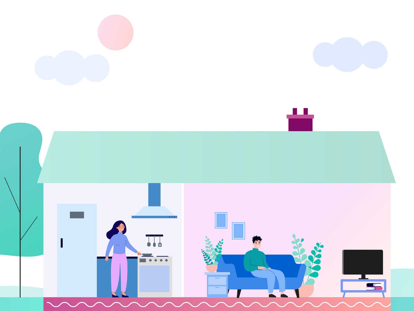 Illustration af mindre hus med et elforbrug under 3.700 kWh om året, så derfor har de valgt Basis El, der er en variabel elaftale uden abonnement, fra EWII.