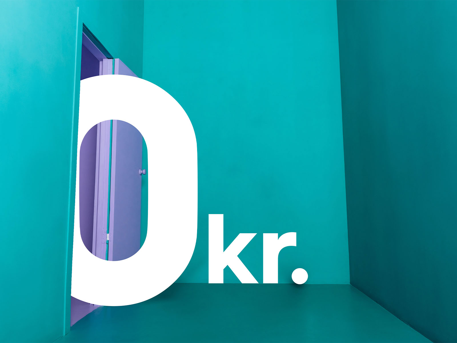 Grafik af et stort 0, der kommer ind ad en dør. Intro Timepris - 0 kroner i abonnement og tillæg i 6 måneder