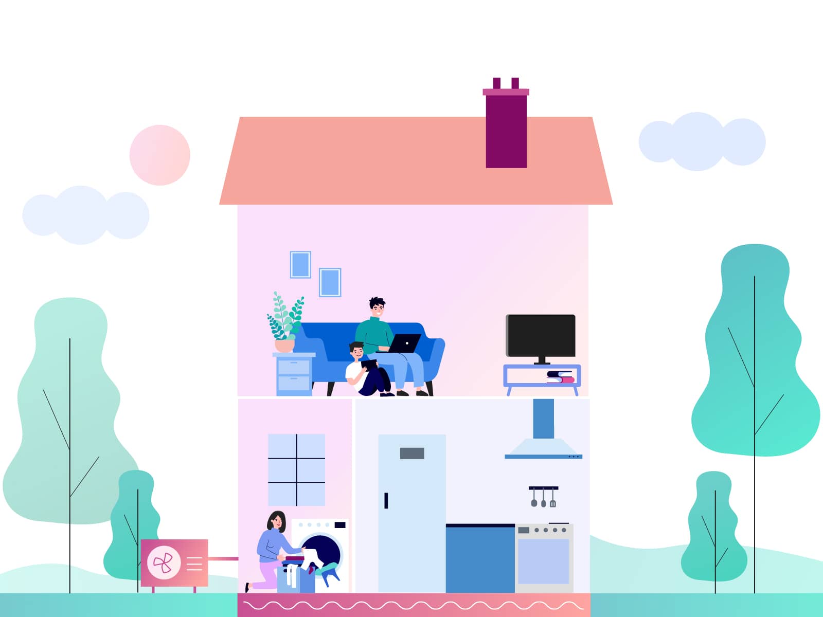 Illustration af større hus med et elforbrug over 3.700 kWh om året, så derfor har de valgt Plus El, der er en variabel elaftale der følger markedsprisen, fra EWII.