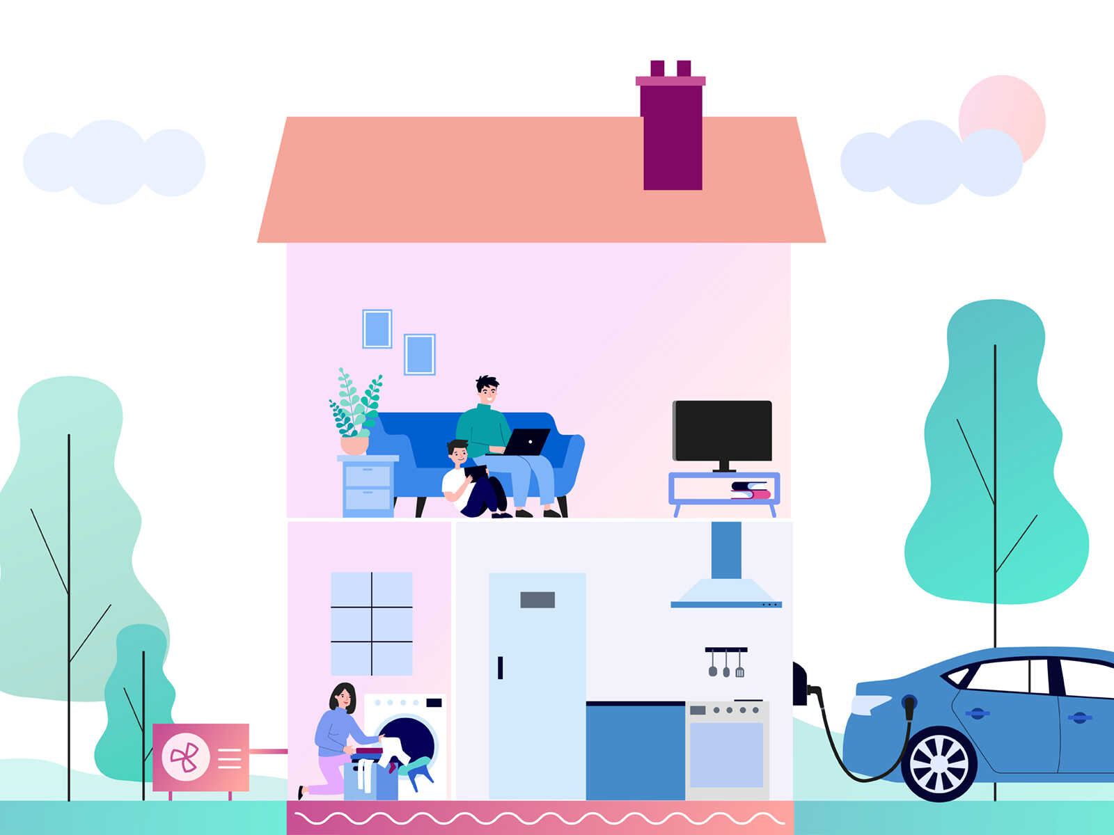 Illustration af større hus med et elforbrug over 3.700 kWh om året, så derfor har de valgt Plus El, der er en variabel elaftale der følger markedsprisen, fra EWII.