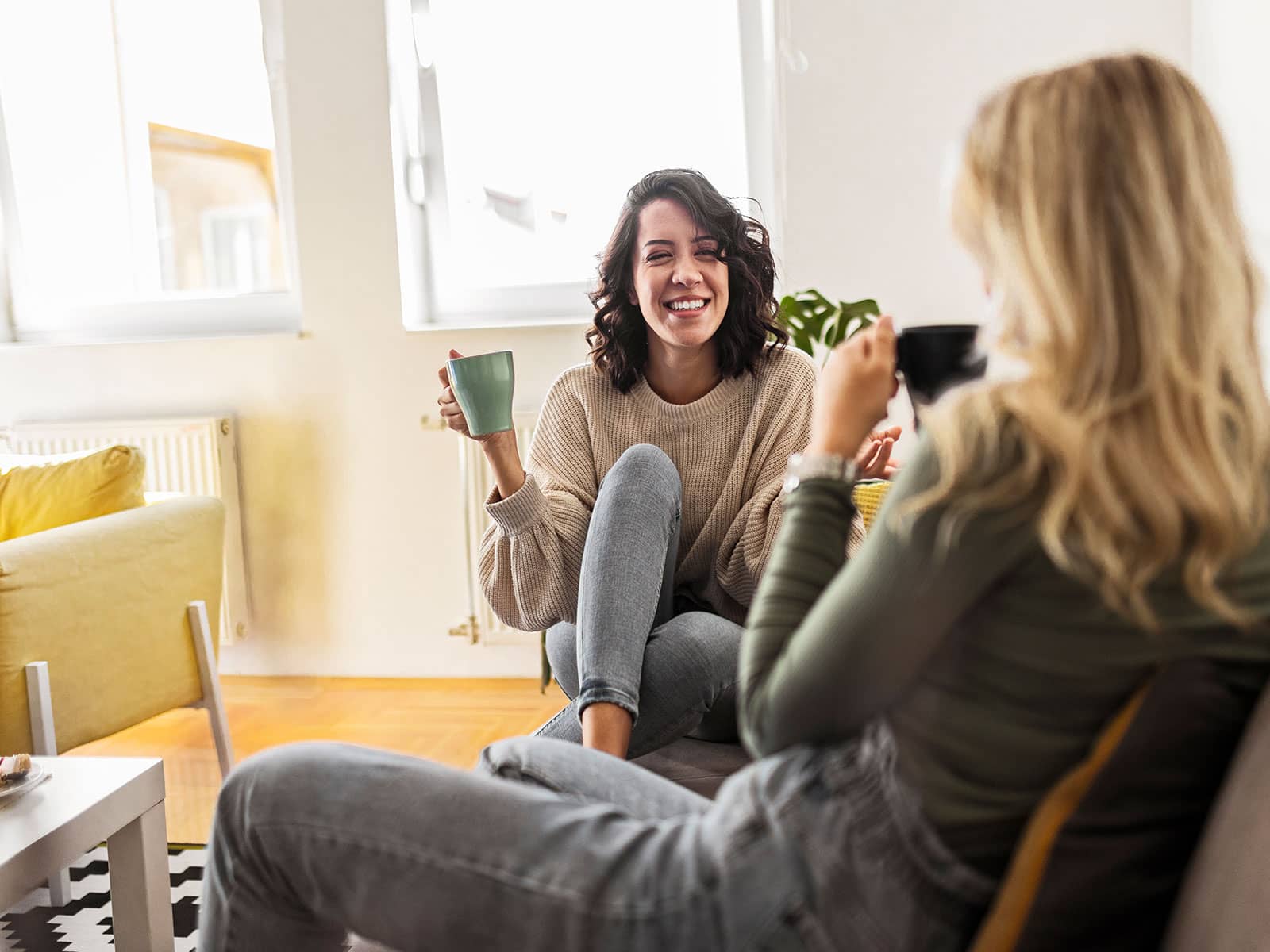 To unge kvinder sidder i sofa med pc og drikker kaffe. De snakker om strøm til lejeboliger.