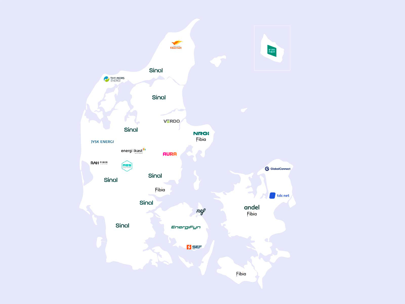 Illustration af Danmarkskort, der viser hvilke energiselskaber, der ejer fibernetinfrastrukturen forskellige steder i Danmark.