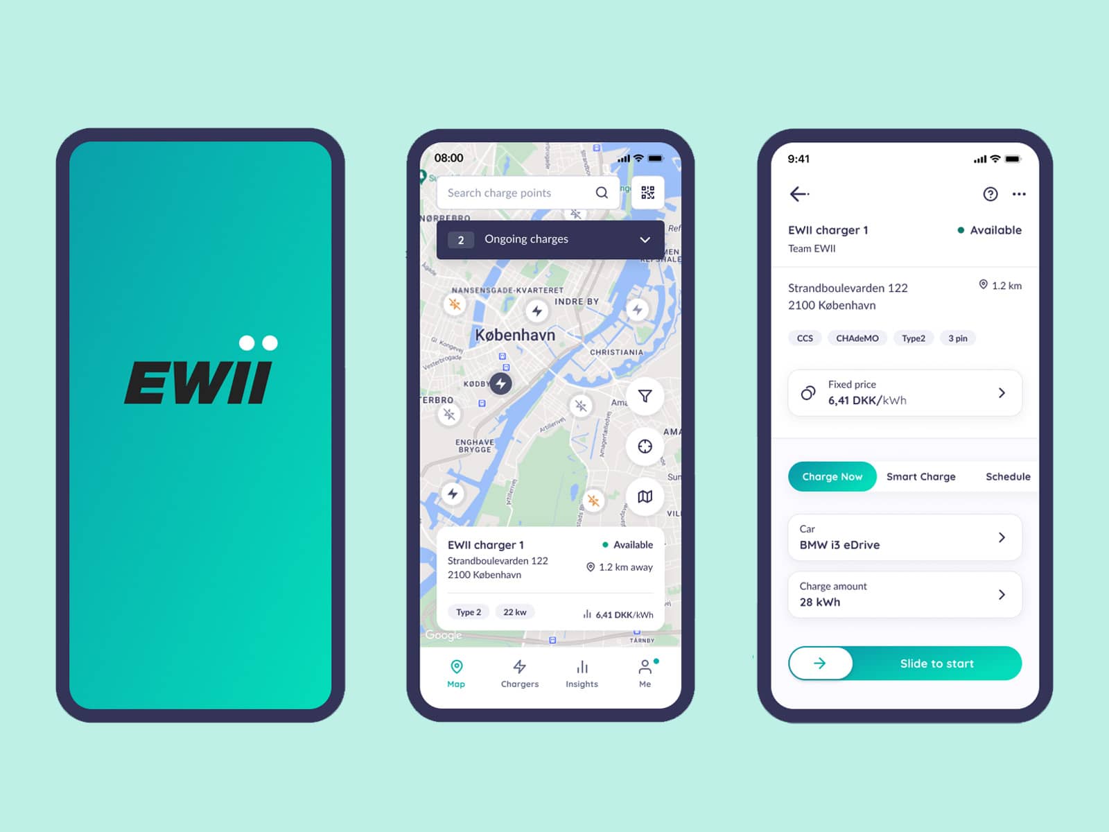 App til opladning af elbil Tre screenshots af EWII Opladnings-app