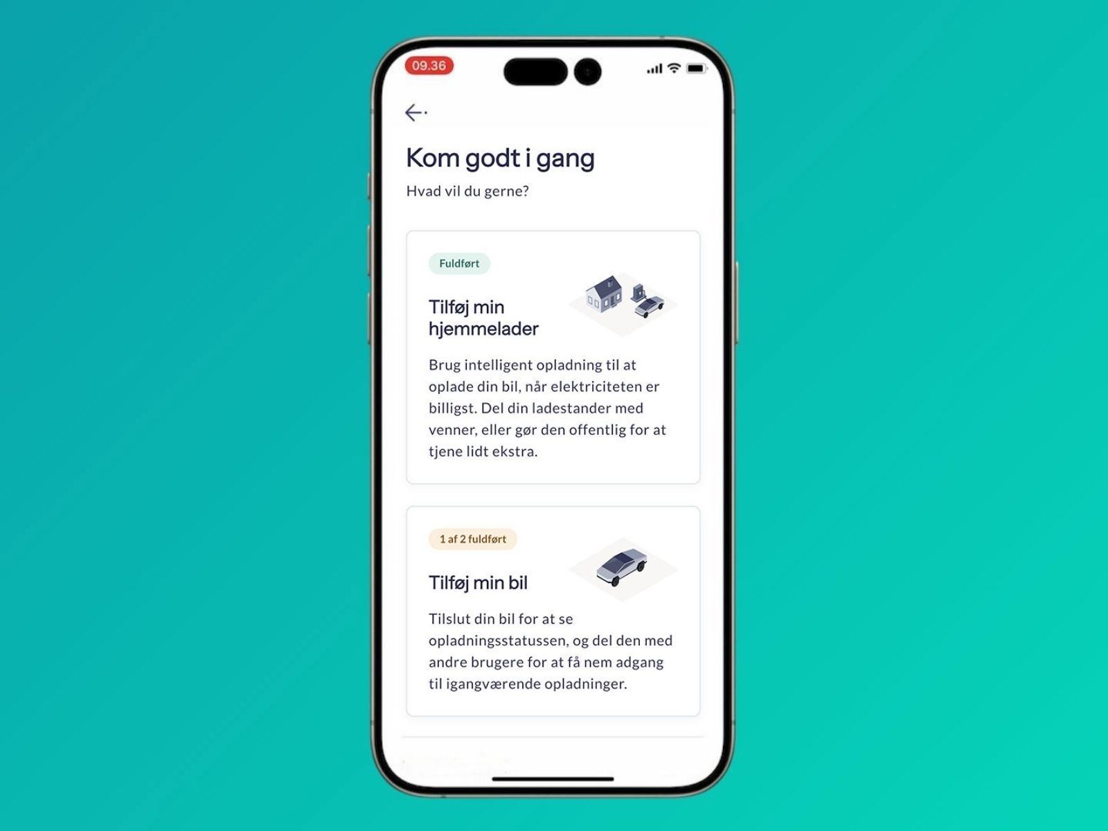 Skærmbillede med Kom i gang i EWII Opladning app.