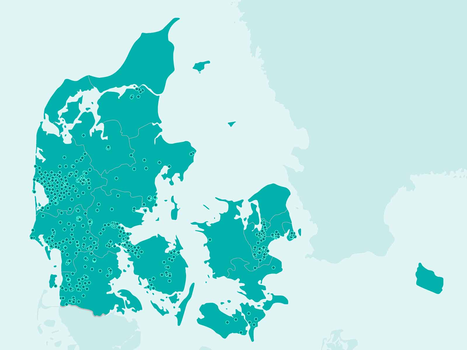 Illustration af offentlige EWII ladepunkter på Danmarkskort