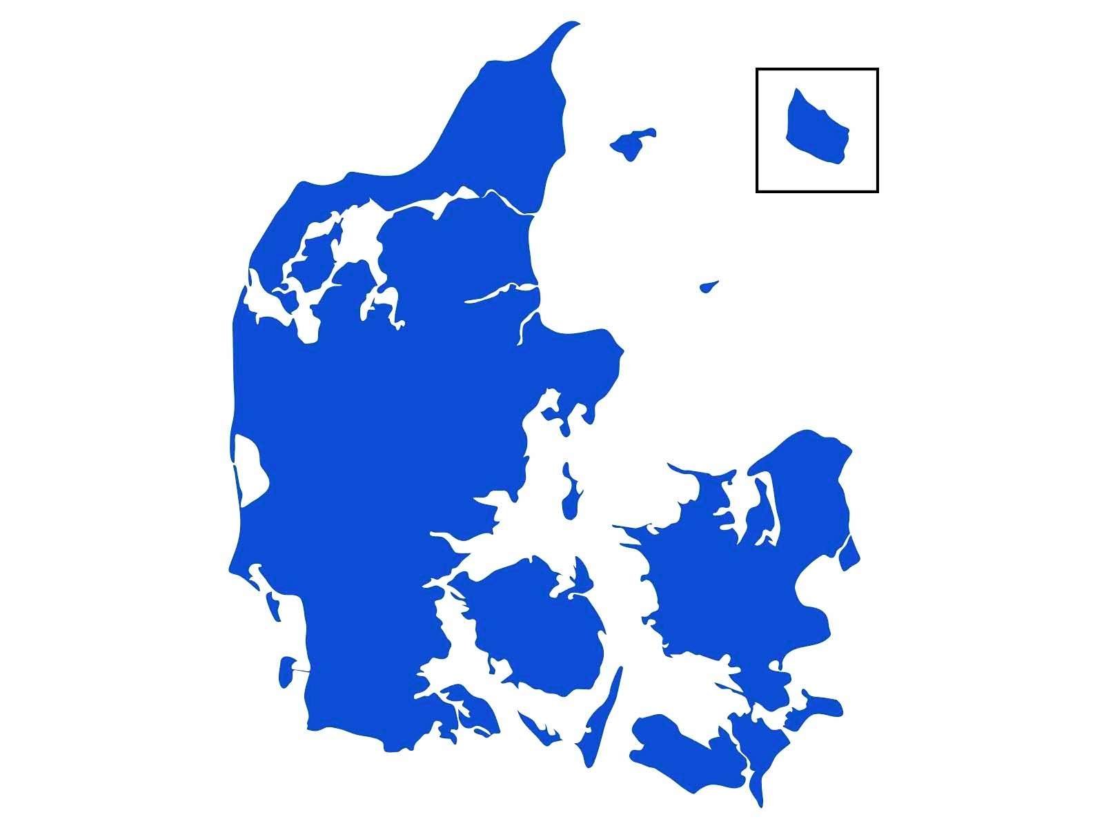 Danmarkskort i blå med Bornholm