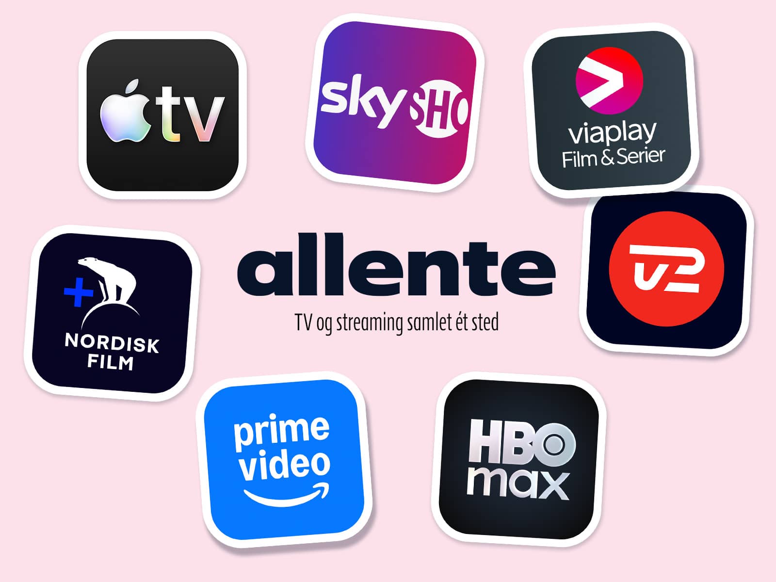 Billede med streamingtjenestelogoer. Køb Allente streaming tv-pakker med 20 % rabat, når du har el eller internet fra EWII. 