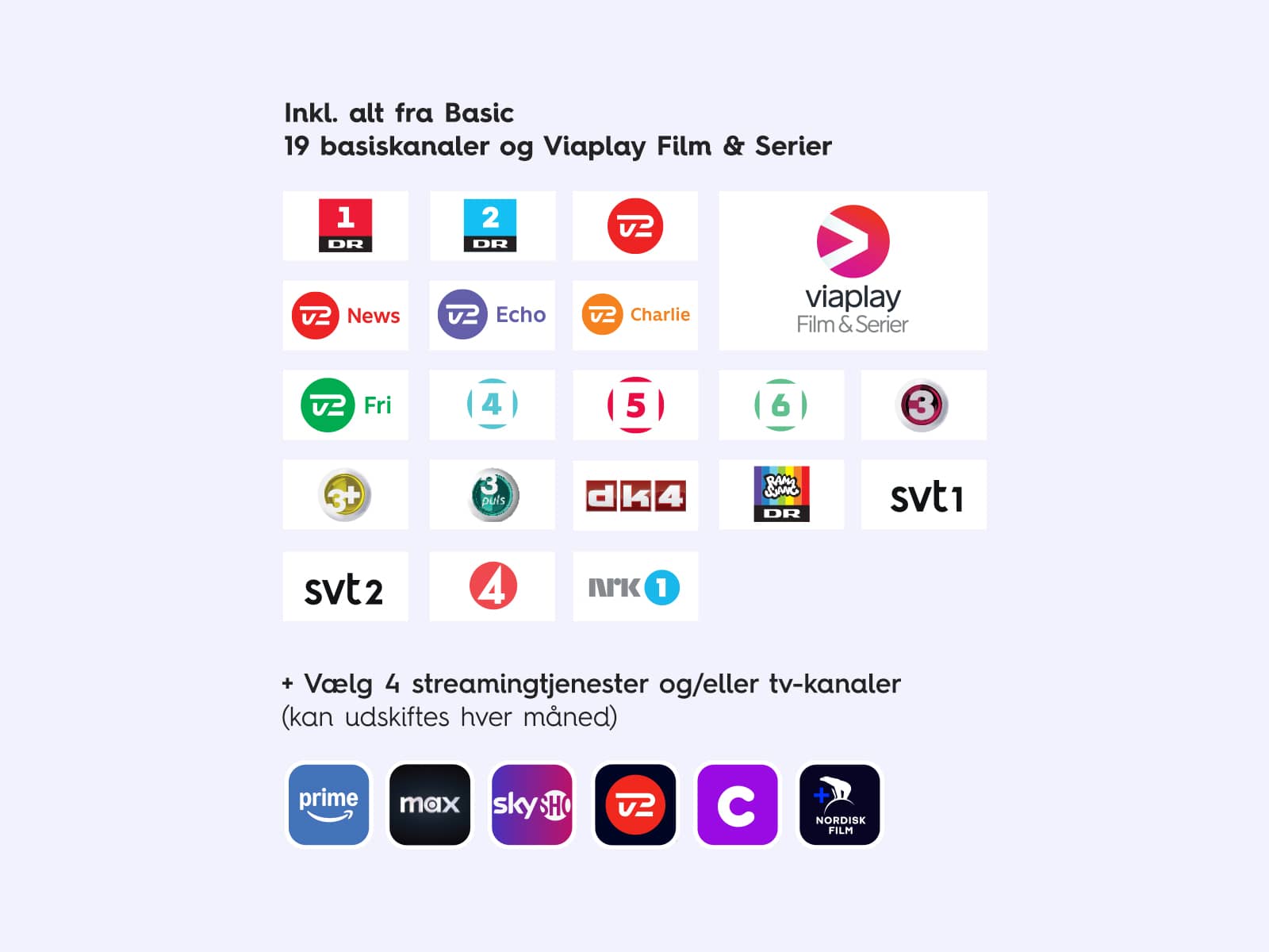 Allente Stream Flex 4 tv-pakke med 4 streamingtjenester, som du kan skifte hver måned. Du får 20 % rabat på streaming af tv-pakker når du er kunde hos EWII.