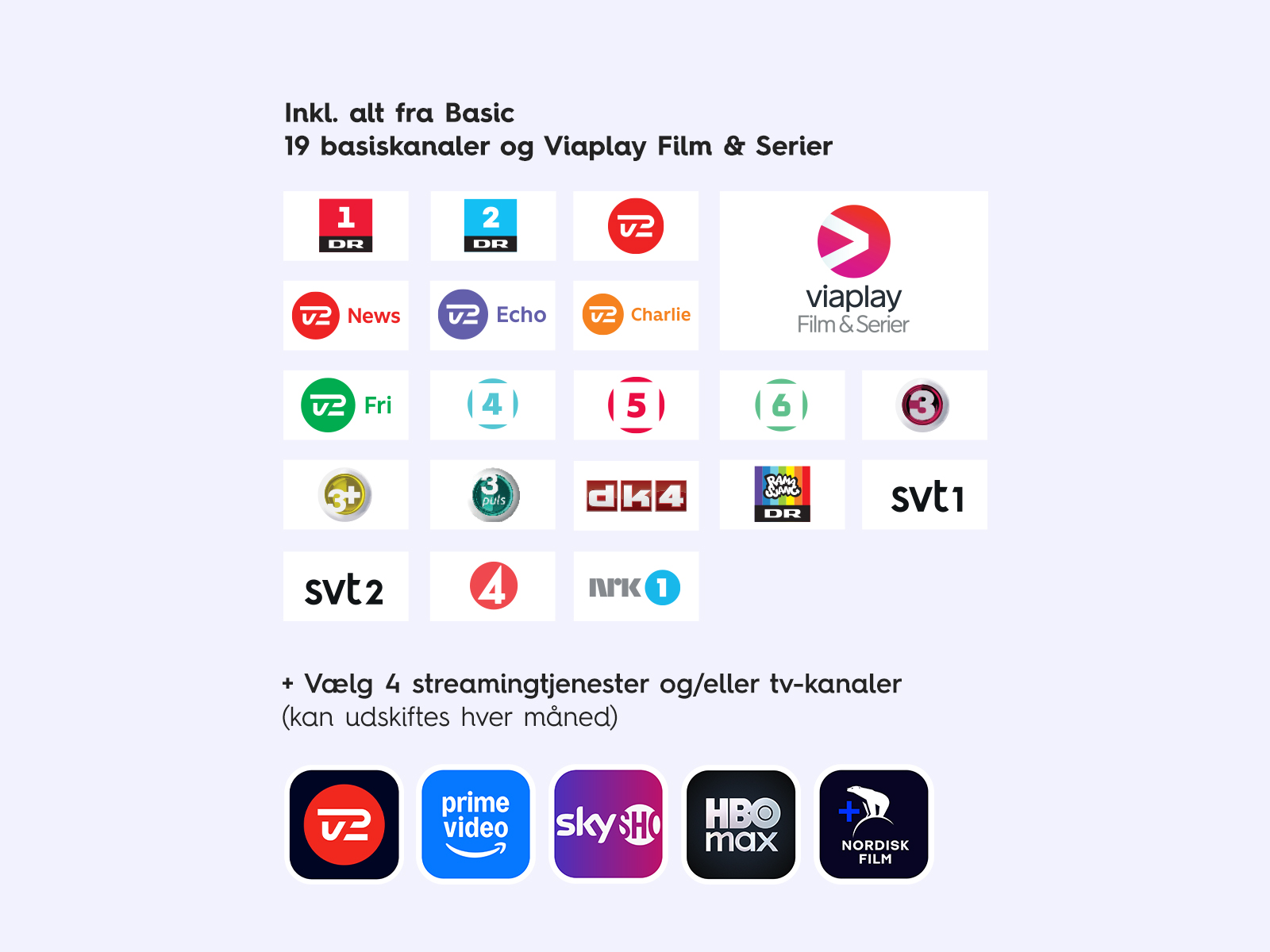 Allente Stream Flex 4 tv-pakke med 4 streamingtjenester, som du kan skifte hver måned. Du får 20 % rabat på streaming af tv-pakker når du er kunde hos EWII.