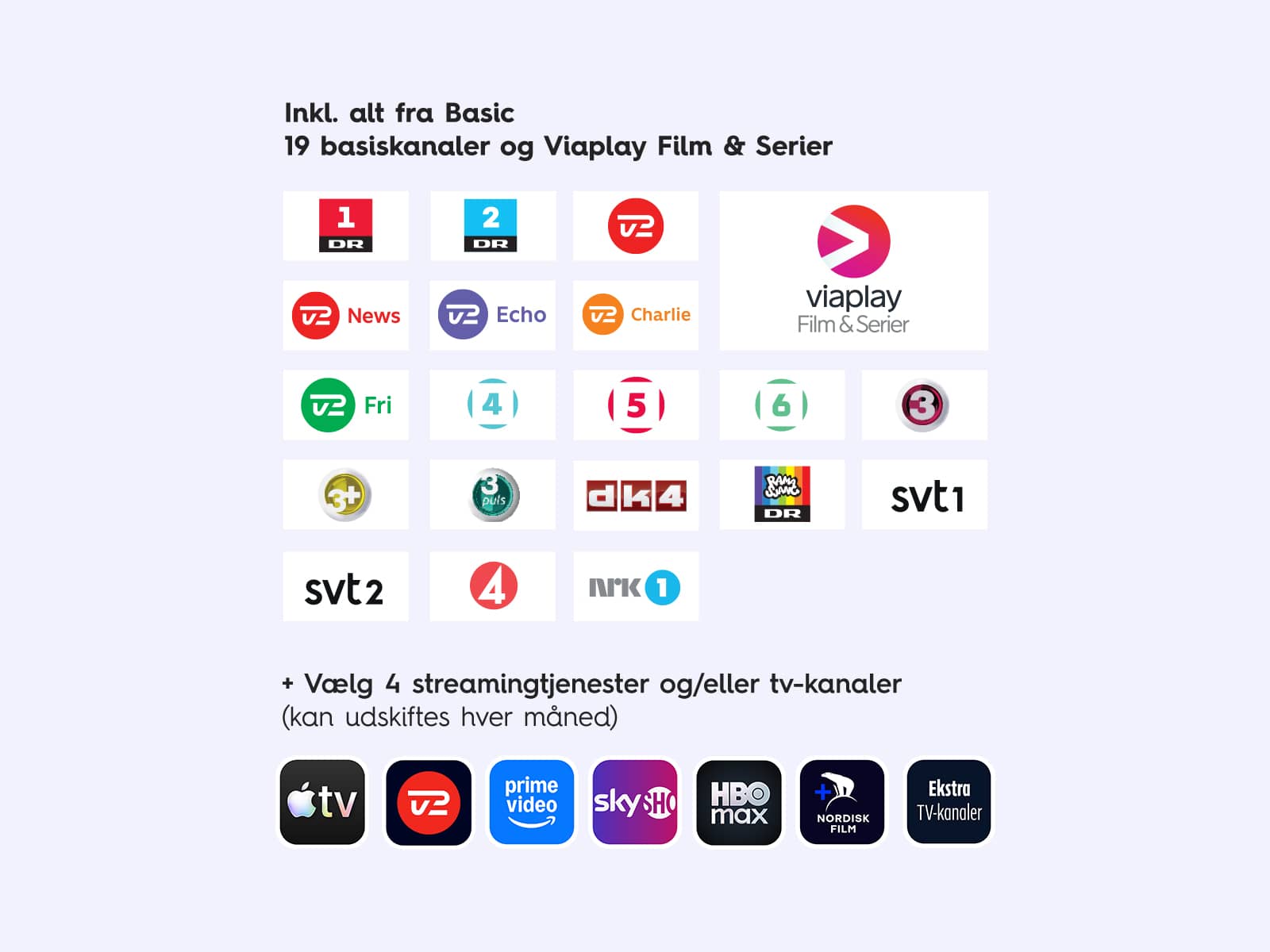 Allente Stream Flex 4 tv-pakke med 4 streamingtjenester, som du kan skifte hver måned. Du får 20 % rabat på streaming af tv-pakker når du er kunde hos EWII.