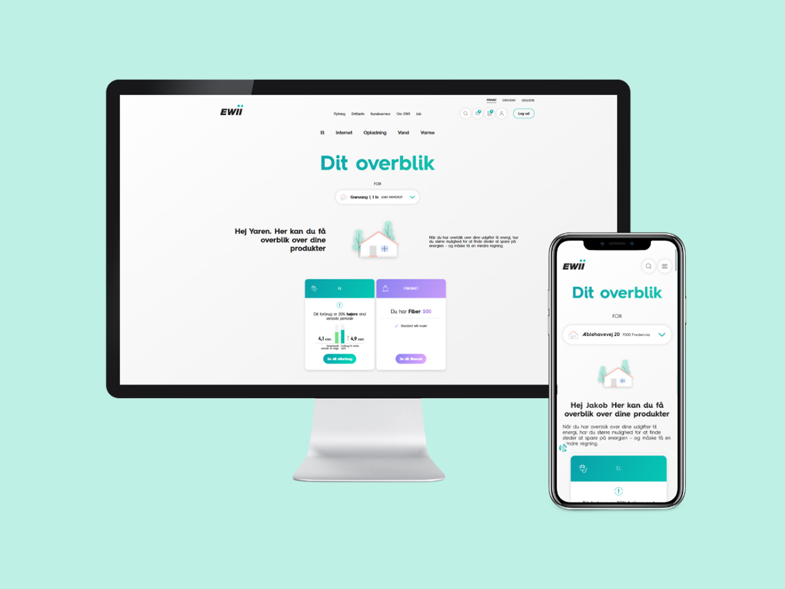 Computerskærm og mobiltelefon der viser EWIIs selvbetjening med lysegrøn baggrund. I EWIIs selvbetjening kan du nemt få overblik over dit forbrug af el, vand og varme.