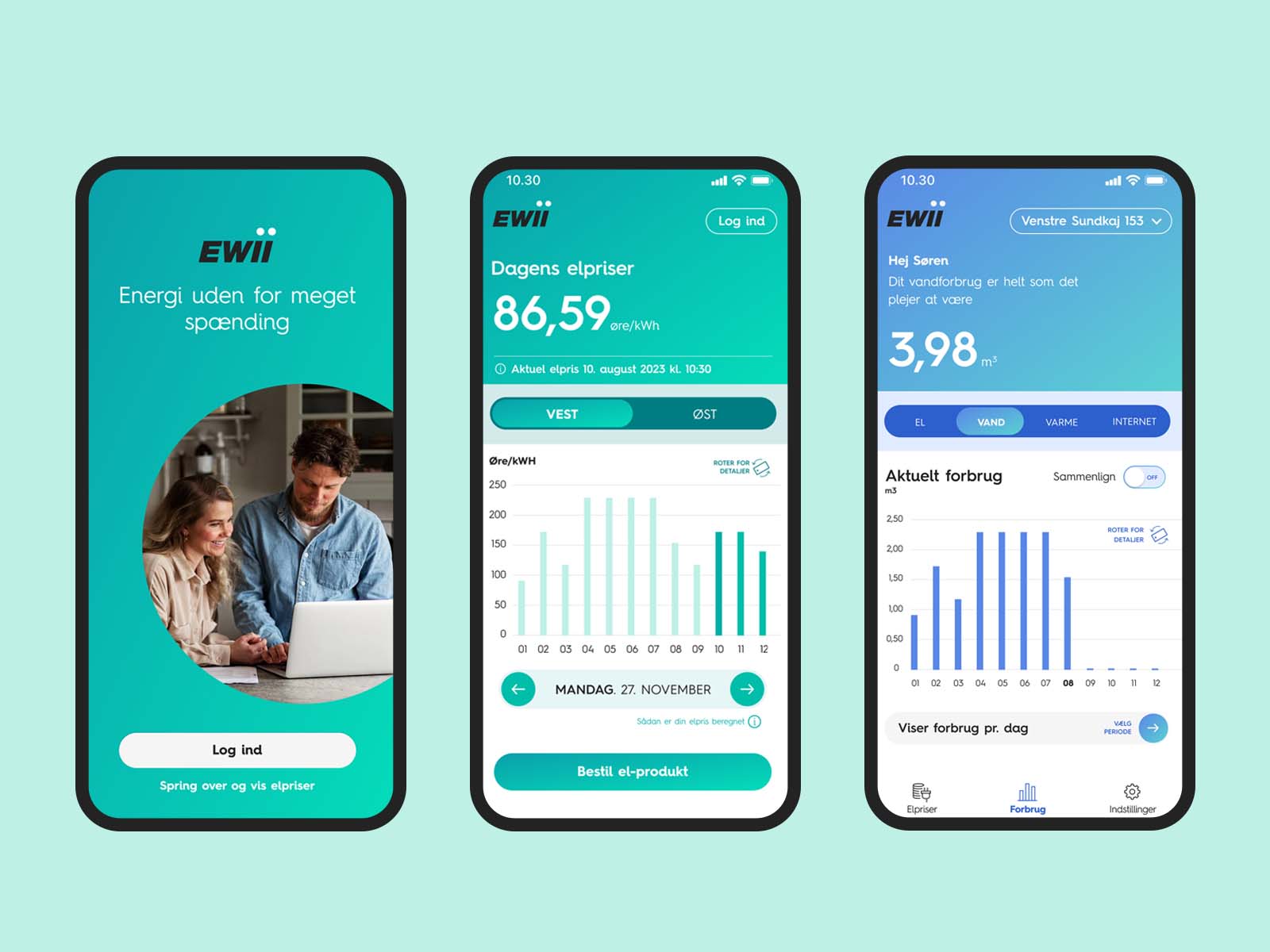 Illustration af 3 forskellige skærmbilleder fra appen EWII Energi. Med EWIIs app kan du følge elpriserne time for time og planlægge dit forbrug. Med appen får du samtidigt et overskueligt overblik over dit forbrug – hvad enten det drejer sig om el-, varme- eller vandforbrug.