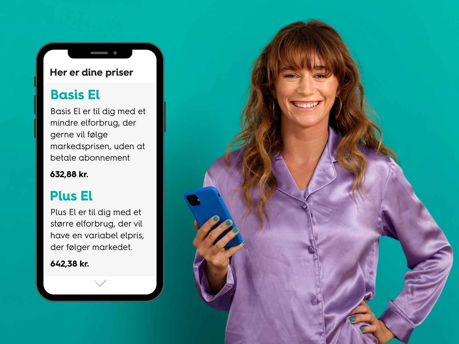 Kvinde i lilla pyjamas har taget EWIIs eltest og fået svar på hvad hun ville have betalt for sin el hvis hun fik el fra EWII.