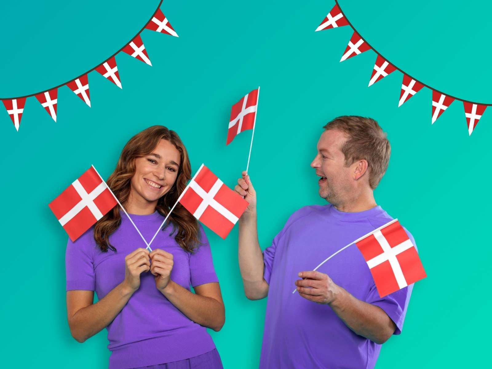 Kvinde og mand fejrer fødselsdag med flagguirlande 
