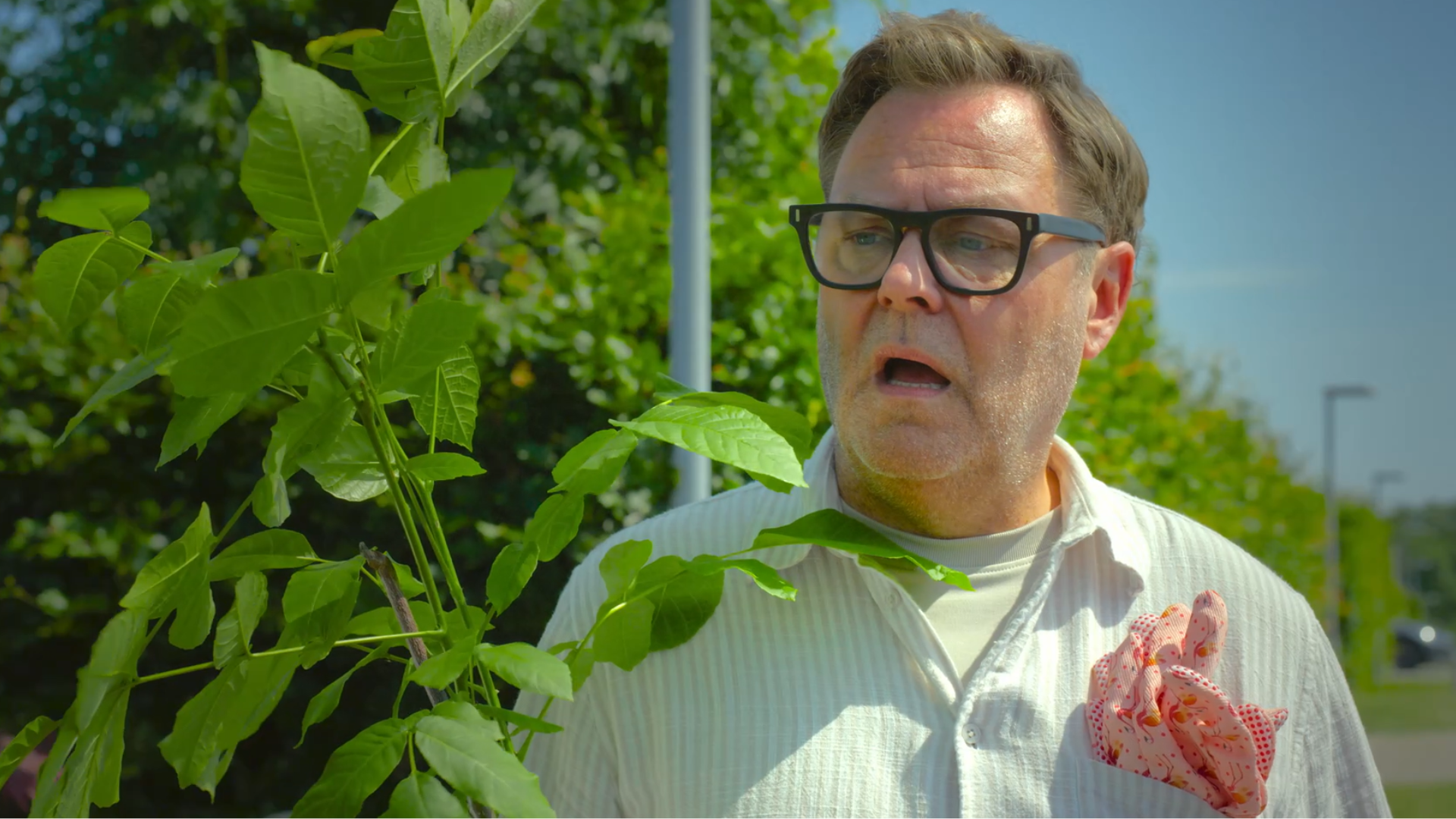 Frank står med potteplante i armen