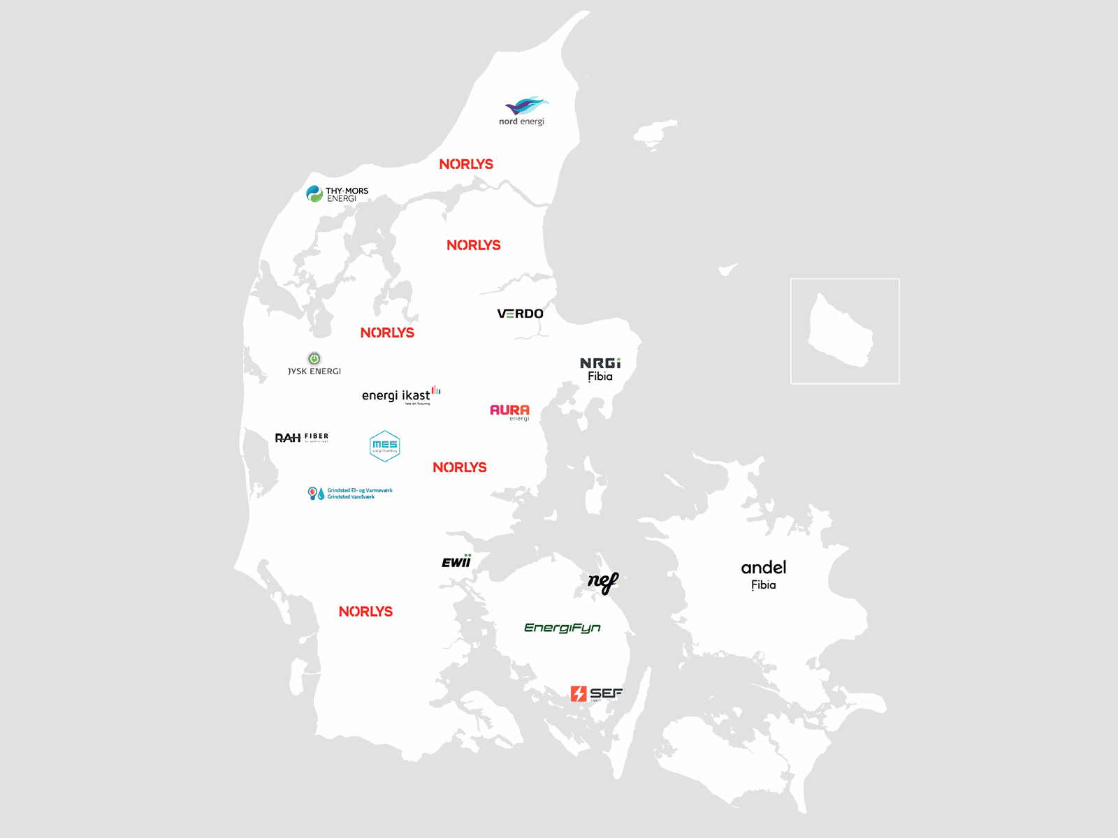 Illustration af Energiselskabernes fibernet i Danmark. Hvor er der fibernet i Danmark? Og hvilke fiber udbydere er der? Se mere om fibernet i Danmark.