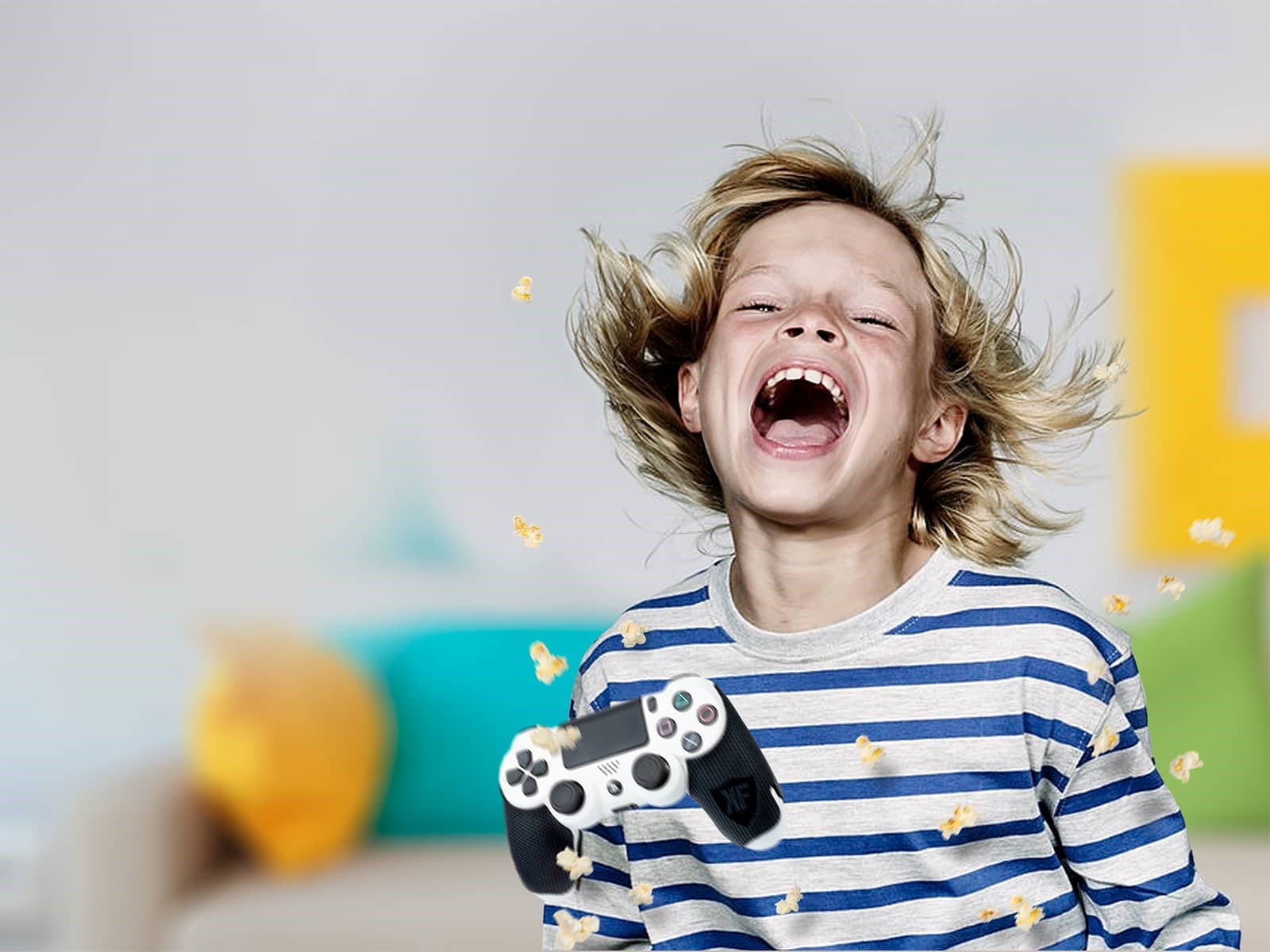 Dreng med controller er vildt glad, fordi han har 1000 mbit internet - det bedste internet til gaming.  Med 1000 mbit fiber bliver gaming til en leg.