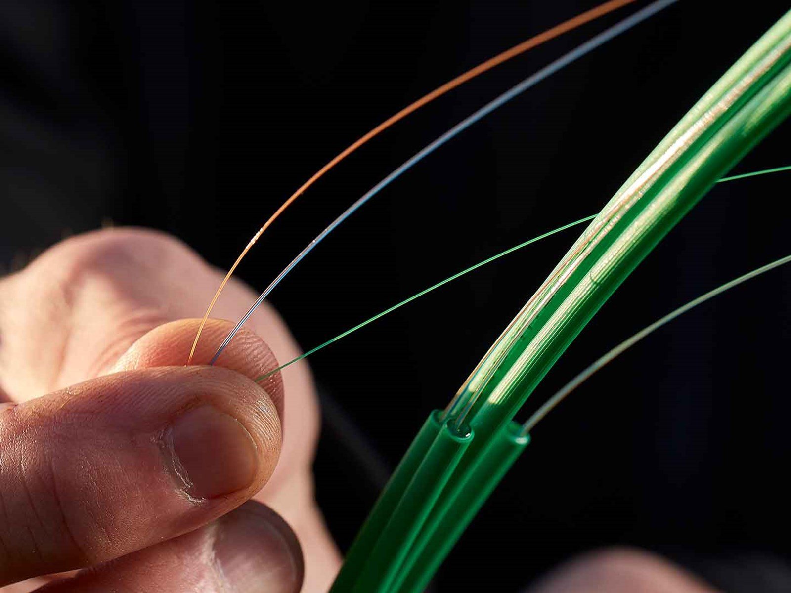 Hånd holder fibernet kabel. Hvad er fibernet egentlig? Og hvad er et lyslederkabel? Bliv klogere på fibernet og forskellen på fibernet og bredbånd her.