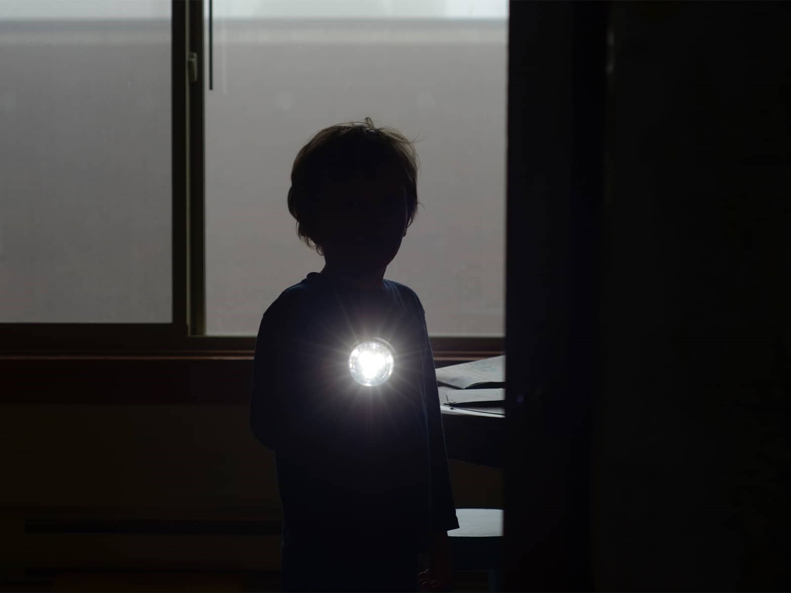 Dreng i mørke med lommelygte - lyset er gået. Find driftsinformation, hvis du har problemer med fibernet, el, vand eller varme. Få driftsstatus med advisering.